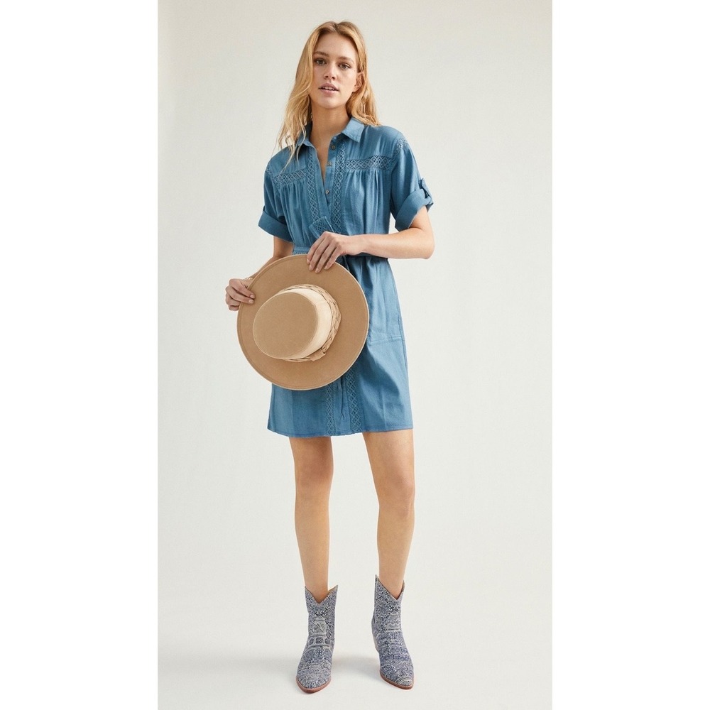 Anthropologie Rilke Lace Mini Shirtdress Blue‎ Cotton Linen Crochet Belted M NEW